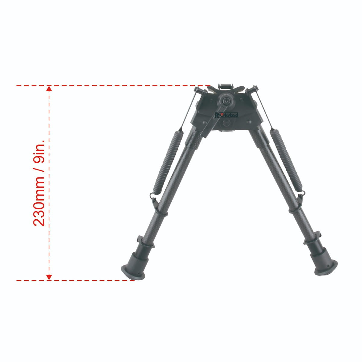 Zweibein Swivel Carbon für Waffen mit 9 Zoll Beinlänge, zeigt maximale Höhe für flexible Einsatzmöglichkeiten im Gelände.