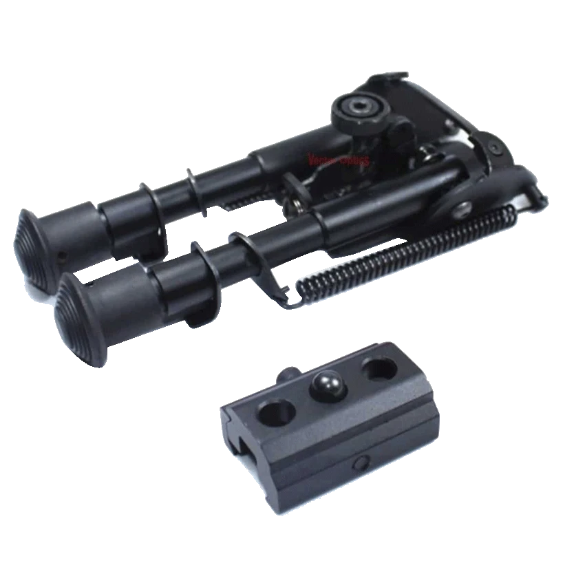 Taktisches Aluminium-Zweibein SCBPB-01 zusammengeklappt mit Picatinny-Schiene, ideal für verschiedene Waffenlängen im Outdoor-Schießsport.