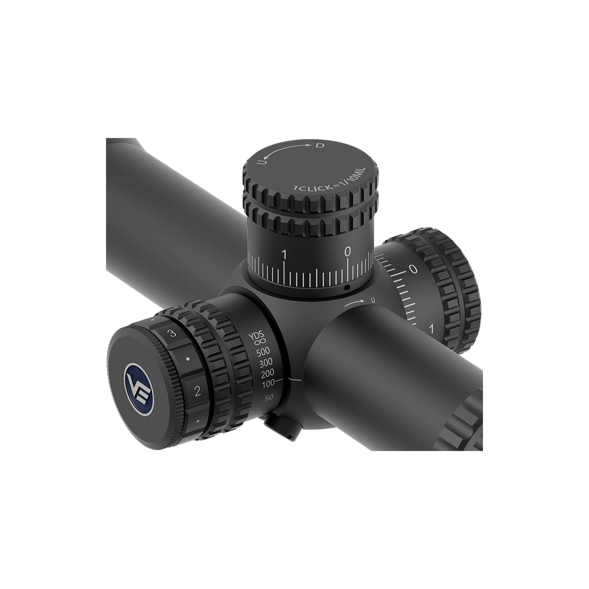 Nahaufnahme der Höhen- und Seitenverstelltürme des Orion Pro Max 6-24x50 MIL Zielfernrohrs mit klarer Klickskala.