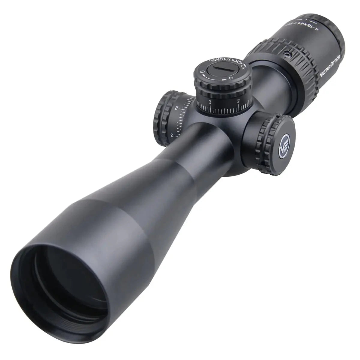 Seitenansicht des Veyron 4-16x44 FFP Zielfernrohrs mit taktischen Verstelltürmen und Parallaxenausgleich für präzise Zielaufnahme.