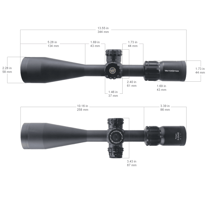 Technische Zeichnung des Paragon 4-20x50 SFP Vector Optics Zielfernrohrs mit Maßangaben für optimale Montage und Passgenauigkeit.
