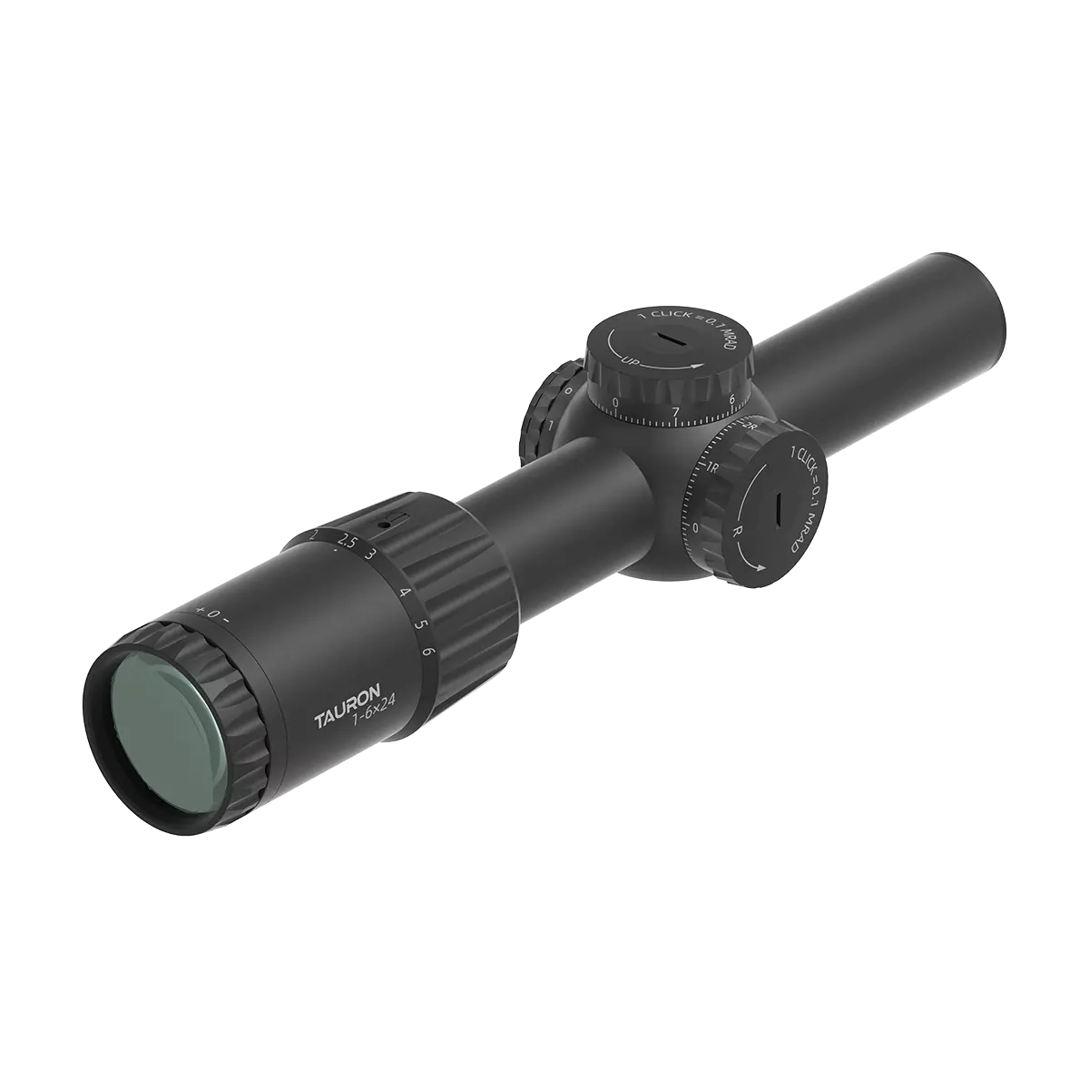 LPVO SFP Zielfernrohr Tauron 1–6×24 mit grün beschichteter Linse und fein einstellbarem Zoom für beidhändiges Zielen bei Jagd oder Sport.