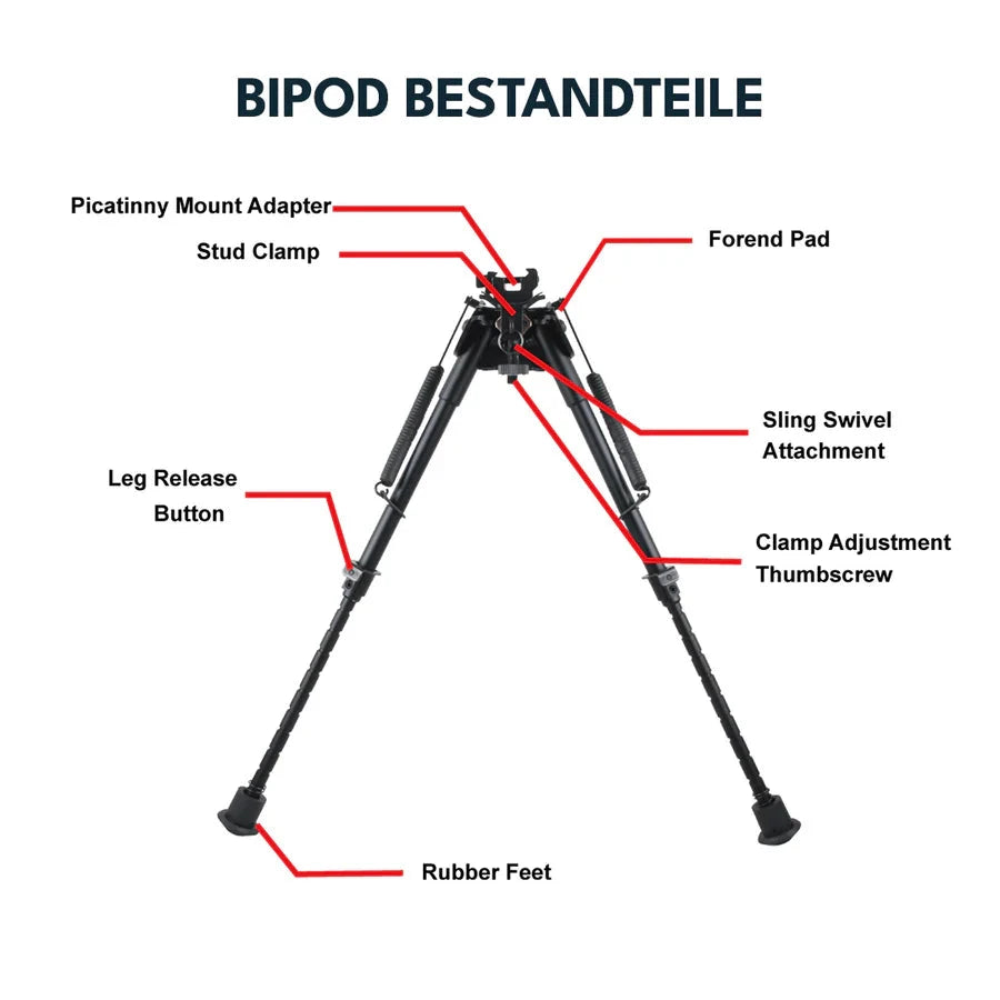Zweibein Aluminium Längen - Vector Optics Rokstad mit beschrifteten Komponenten wie Picatinny-Adapter, Gummifüßen und Neigungsverstellung für Jagd und Schießsport.