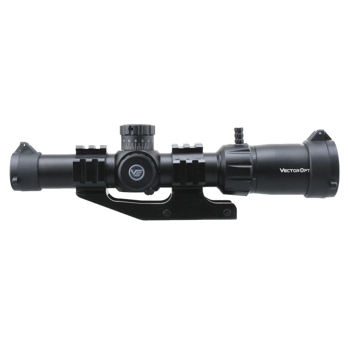 Seitenansicht des Vector Optics Mustang 1-4x24 FFP Zielfernrohrs mit kompaktem Design und taktischer Montageschiene für Waffenanpassung.