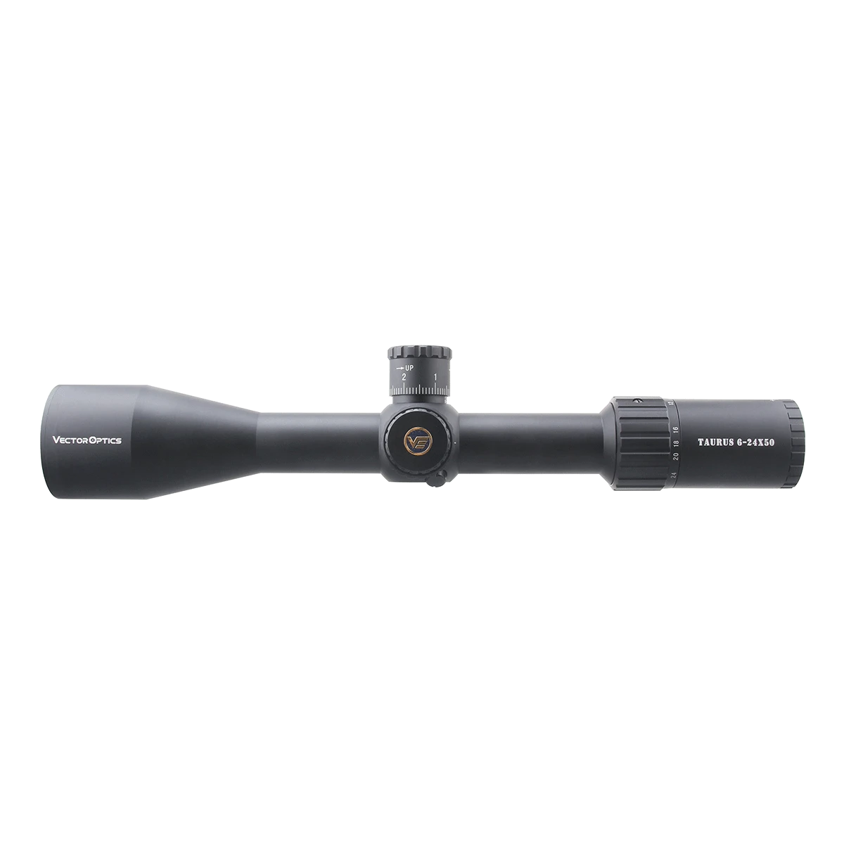 Tauron 6-24x50 HD SFP Zielfernrohr von Vector Optics in Seitenansicht mit klar sichtbarem Mittelrohr und Vergrößerungseinstellung.