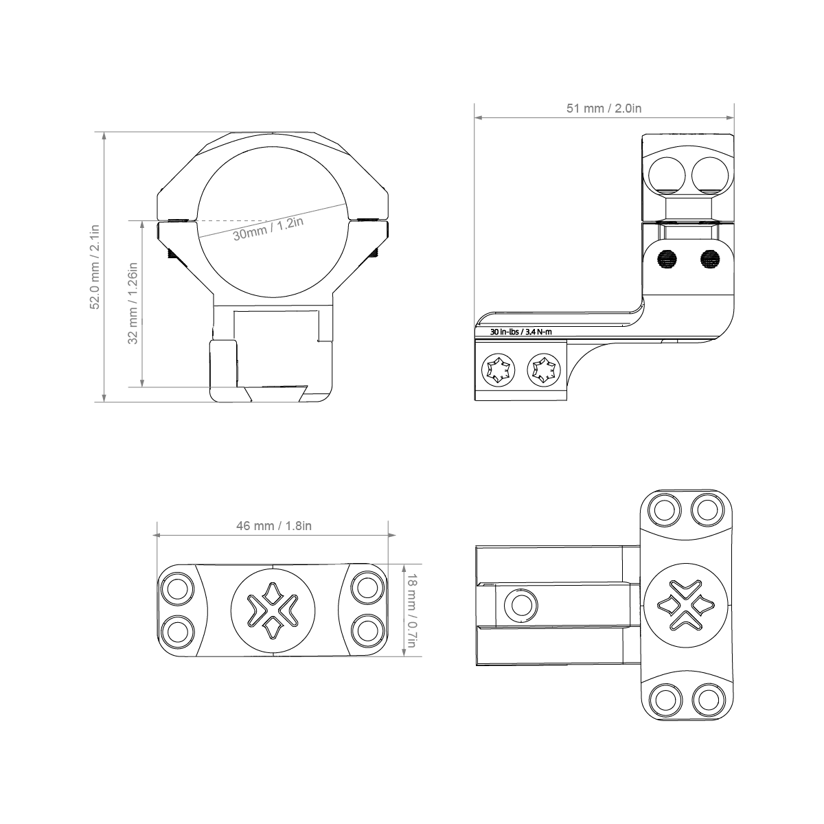 Technische Zeichnung der Alu-Ringe Cantilever 30mm mit exakten Maßen für 11mm Dovetail-Schienen, ideal für präzise Zielfernrohrmontage.