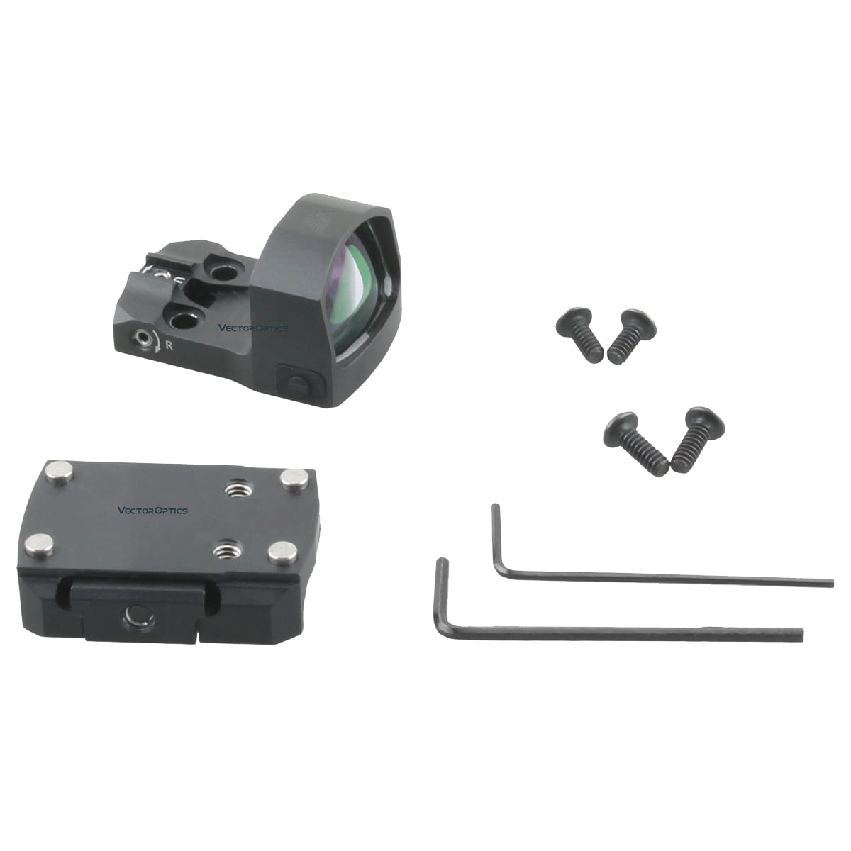 Lieferumfang des Frenzy-S 1x17x24 Red Dot Sights inklusive Montageplatte, Schrauben und Inbusschlüssel für einfache Installation.