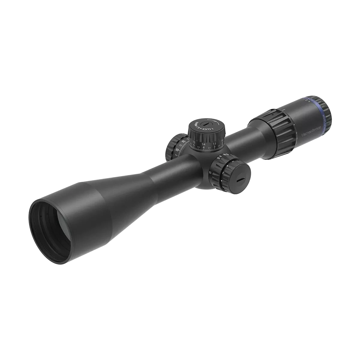 Tauron 5-40x56 ED FFP Zielfernrohr schräg von vorne mit ED-Glas und robustem Gehäuse, ideal für Langstrecken-Zieloptiken.