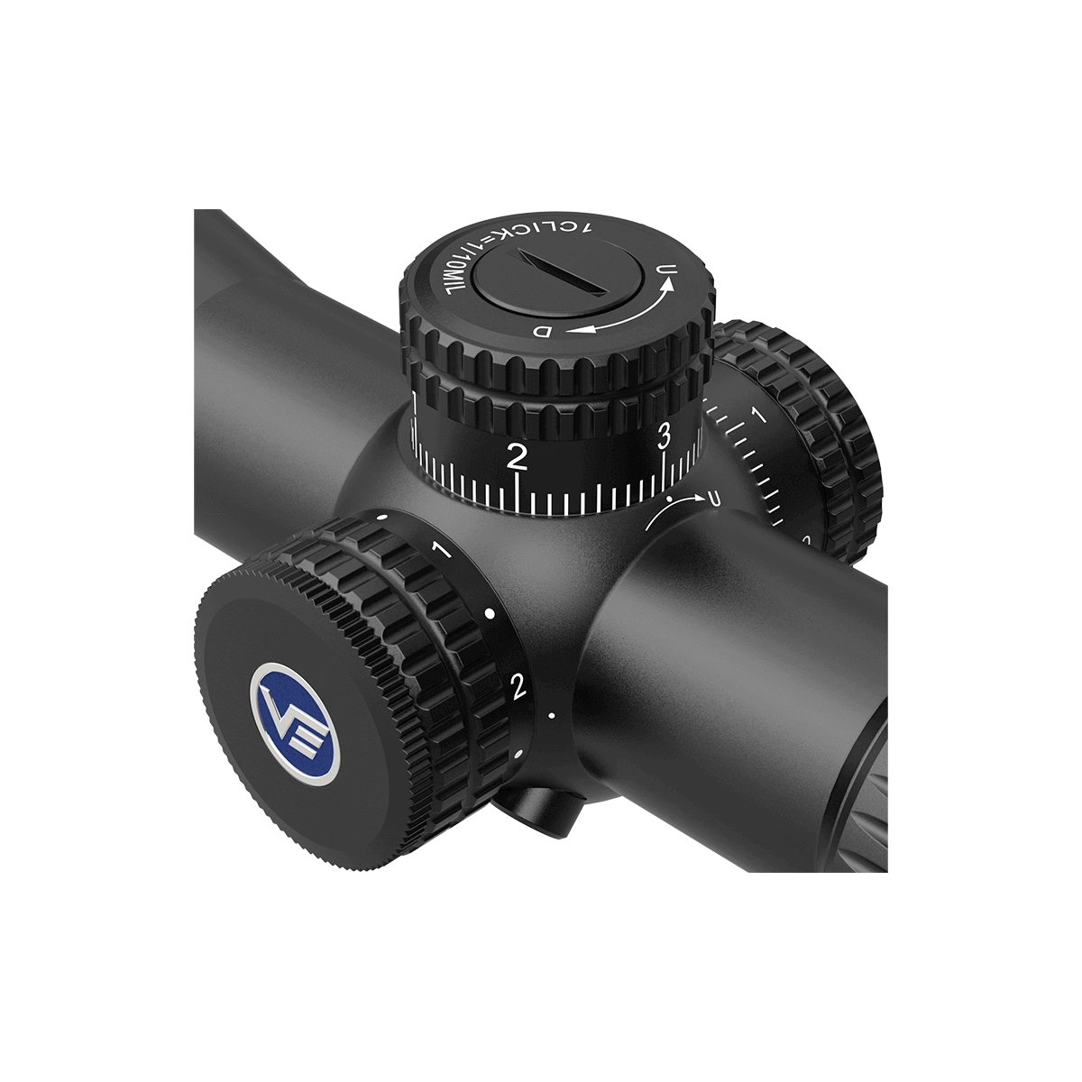 Detailansicht des Veyron 2–8×32 IR Zielfernrohrs mit taktischen Einstelltürmen für Höhen- und Seitenverstellung. Robuste Verarbeitung für den Einsatz im Feld.