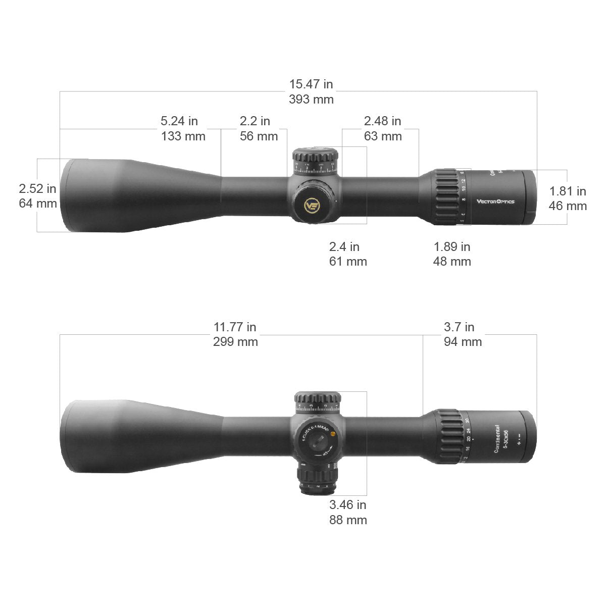 Technische Zeichnung des Continental x6 5-30x56 FFP Zielfernrohrs mit genauen Maßangaben für Montage und Kompatibilität.