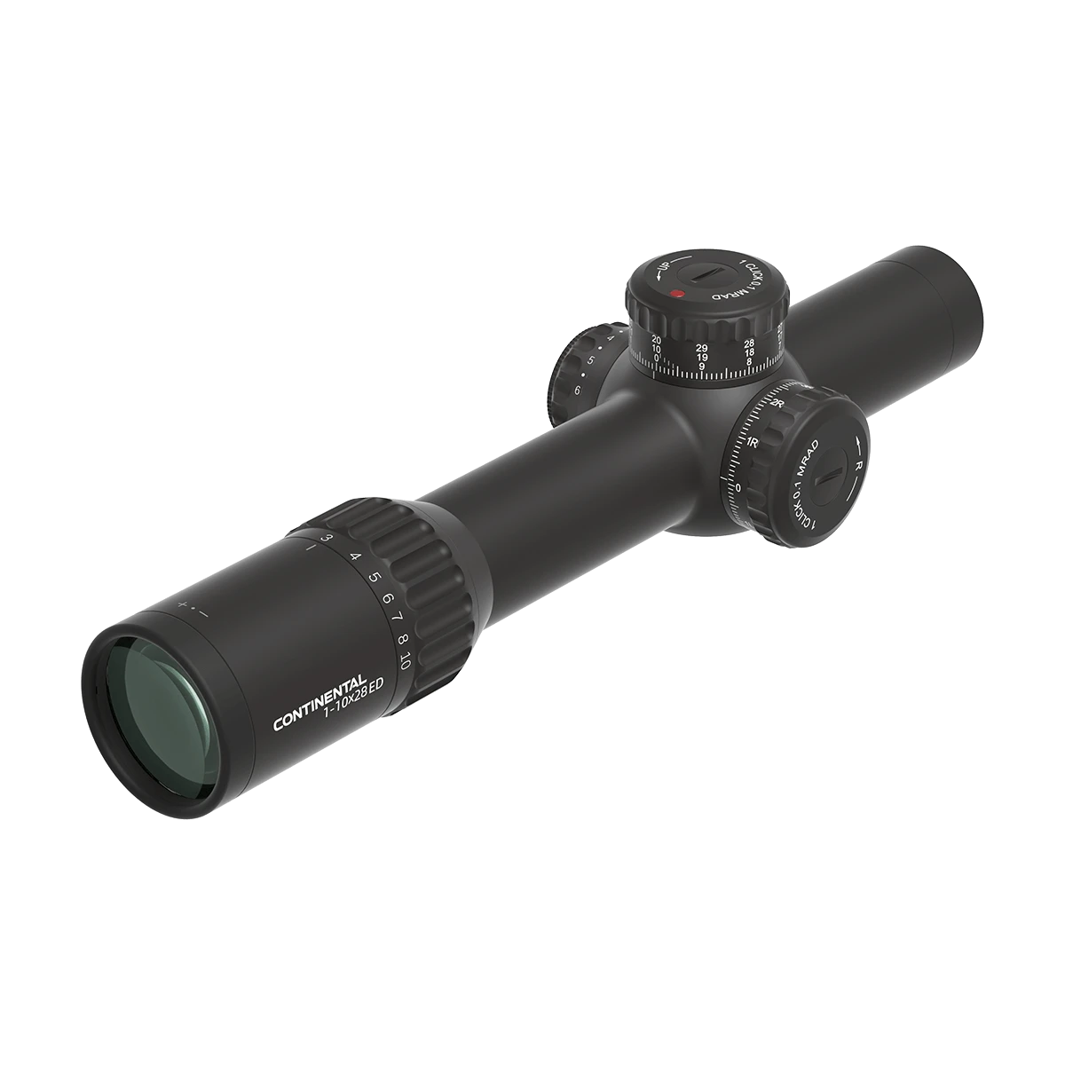 Hochwertiges Continental x10 1-10x28 Zielfernrohr mit FFP-Absehen und klarer Optik, ideal für taktische Einsätze und Jagd.