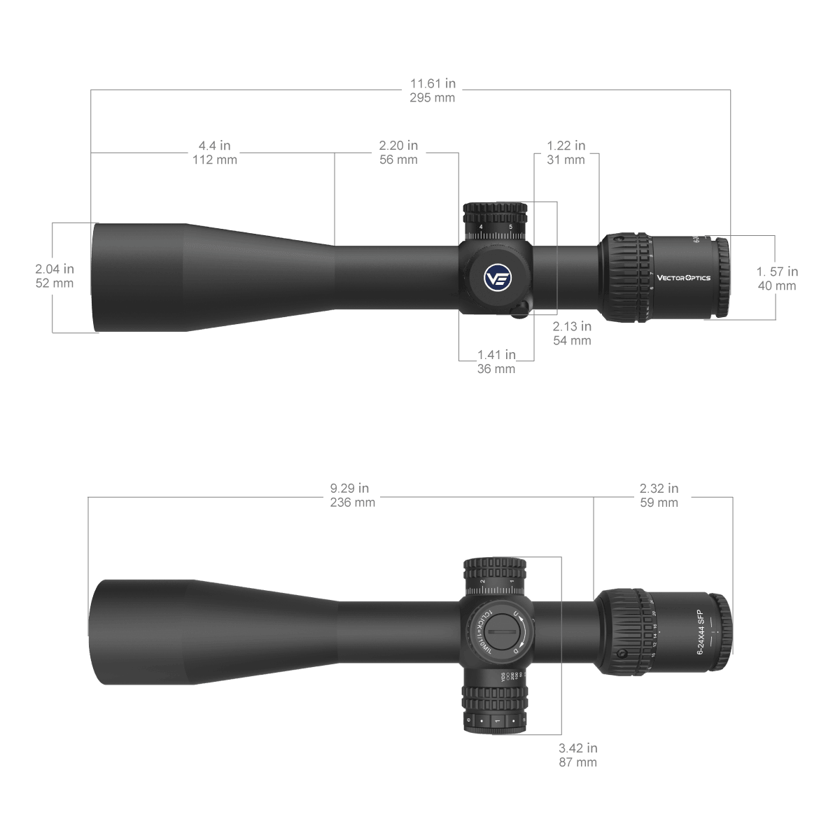 Technische Zeichnung des Veyron 6-24x44IR Zielfernrohrs mit genauen Abmessungen für optimale Montage auf Jagdwaffen.