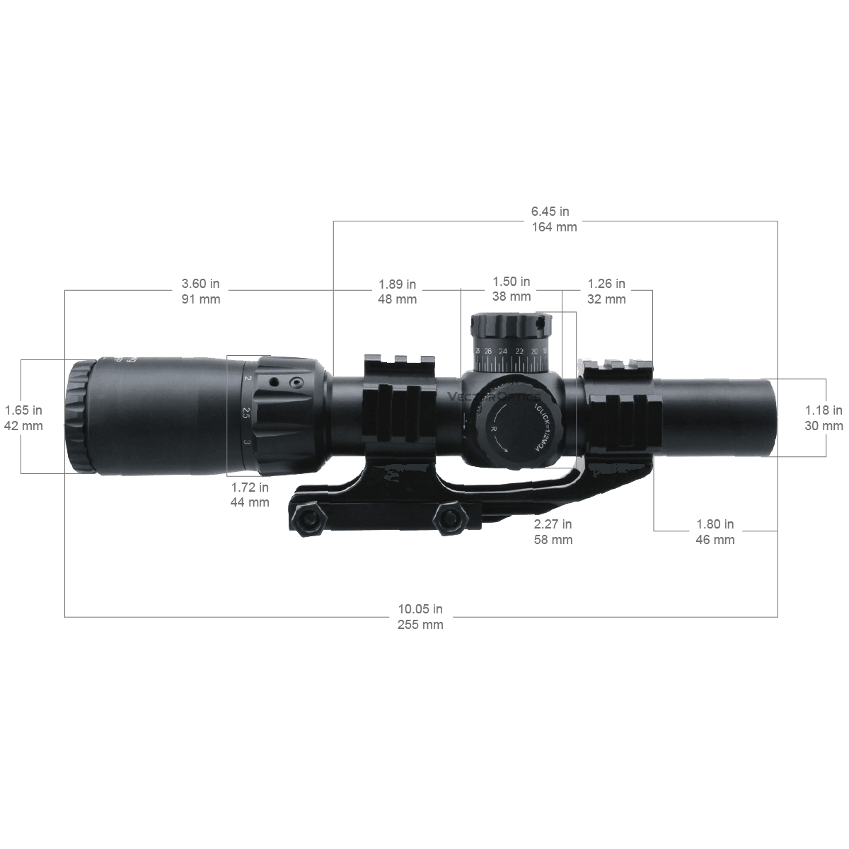 Technische Maße des Mustang 1-4x24 FFP Zielfernrohrs von Vector Optics mit detaillierten Abmessungen für präzise Waffenmontage.