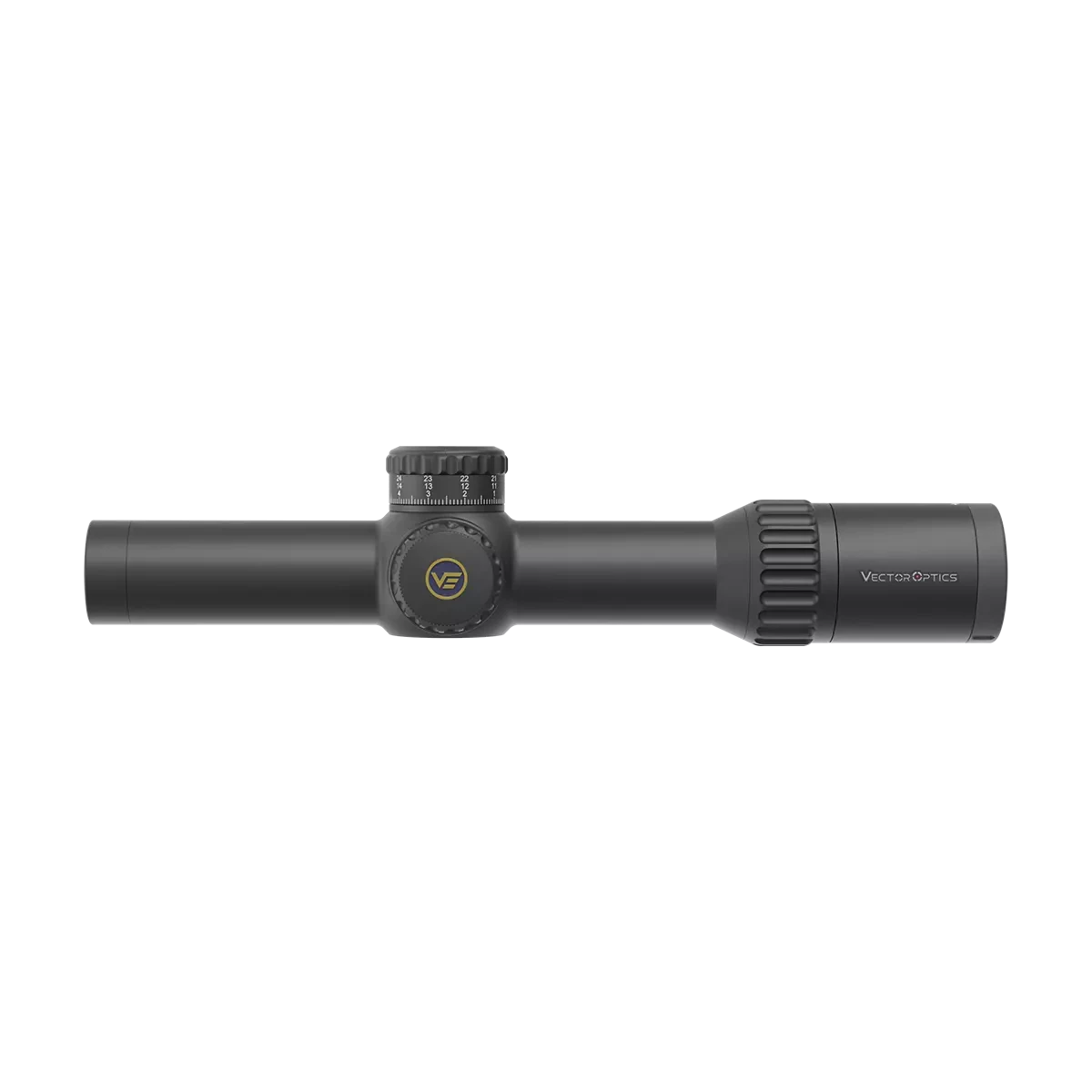 Profilansicht des Continental x6 1-6x28 FFP Zielfernrohrs mit kompaktem Design und Vektor Optics Logo für taktische Einsätze.
