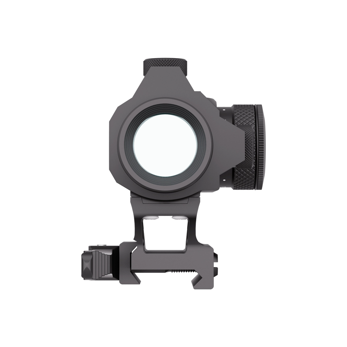 Frontansicht des Maverick-II 1x25 Rotpunktvisiers mit klarer Optik und kompaktem Design für taktische Anwendungen.