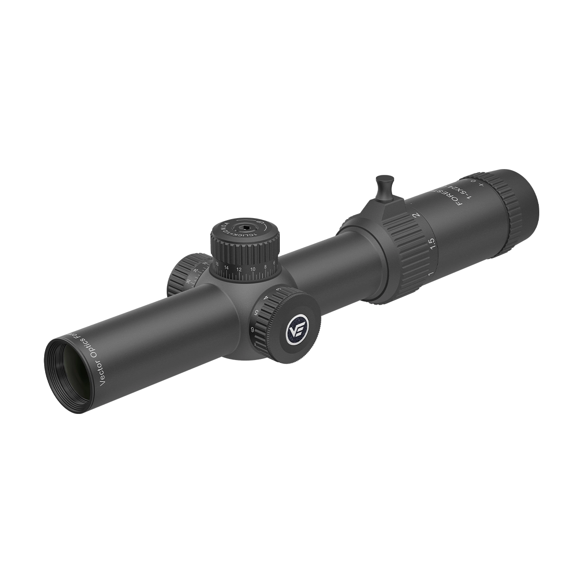 Forester 1–5×24 SFP Zielfernrohr in Schwarz mit taktischen Verstelltürmen und stufenlosem Zoom für präzise Jagdanwendungen.