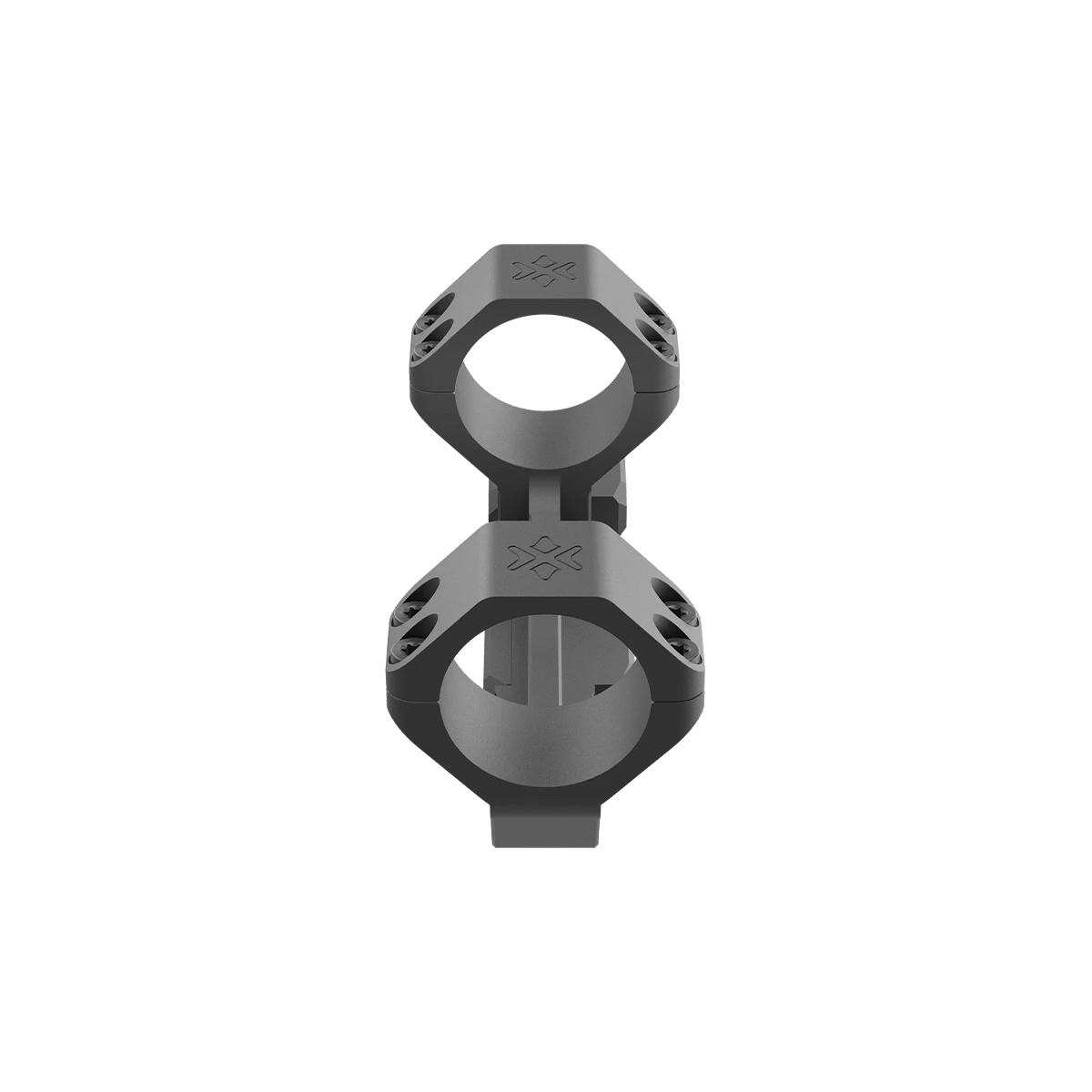 Frontansicht der Cantilever Dovetail Montage mit 30mm Ringen und X-ACCU Gravur, geeignet für taktische Zielfernrohrbefestigung.