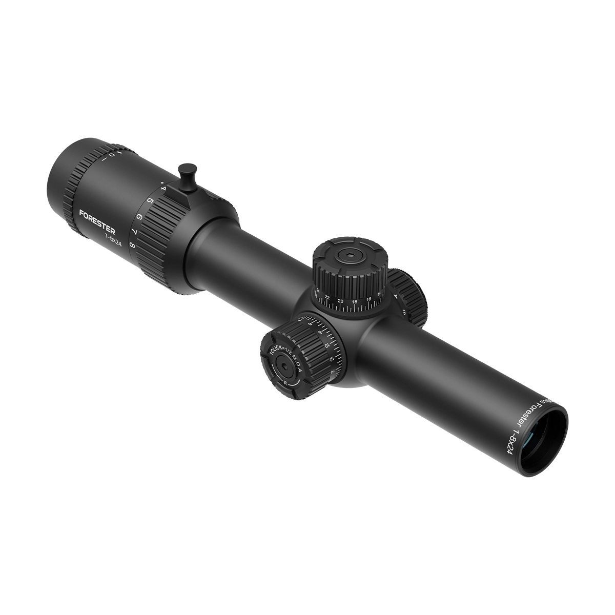 Seitliche Ansicht des Forester 1–8×24 SFP Zielfernrohrs mit IPX4-Schutz und präzisen Einstellrädern für Jagd und Sportoptik.