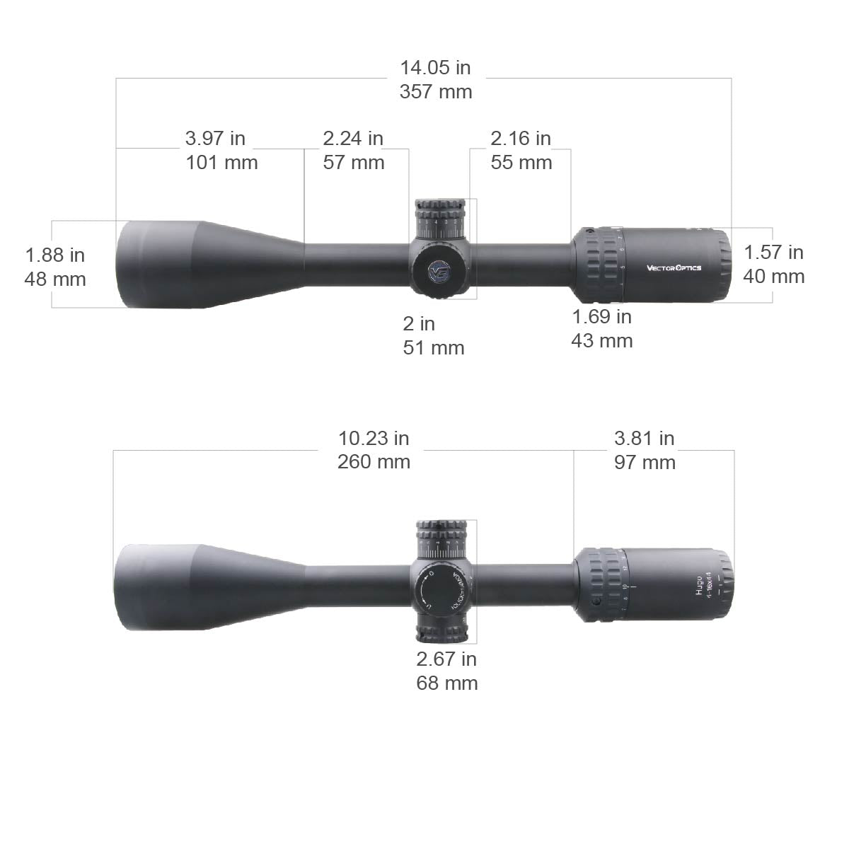 Maßzeichnung des Hugo 4-16x44 SFP SCOL-29 Zielfernrohrs mit detaillierten Abmessungen für optimale Montage auf Jagdwaffen.