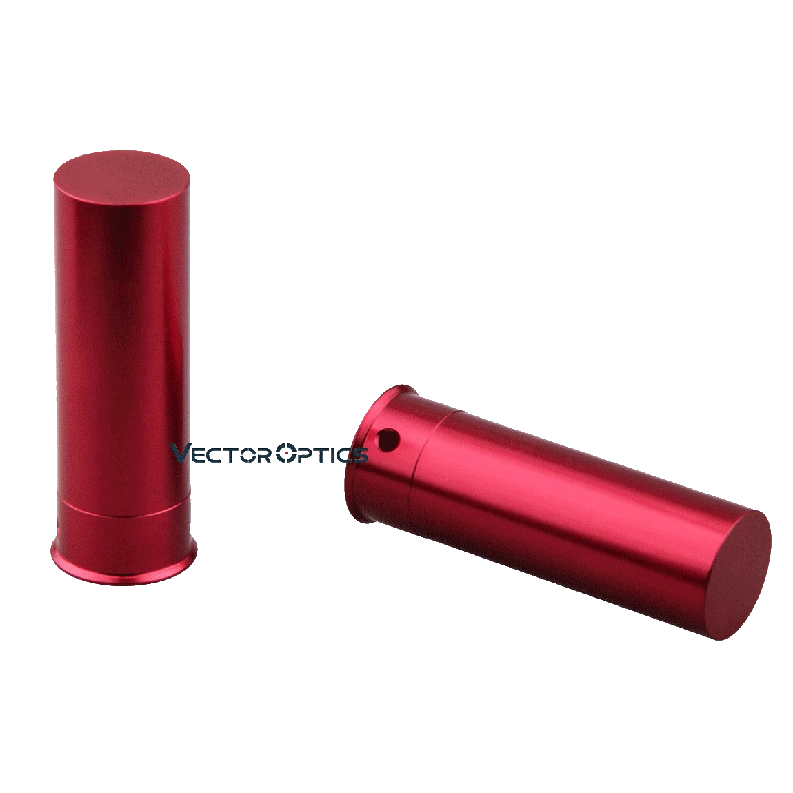 Zwei kurze, zylindrische Snap Caps aus rotem Aluminium für Schrotflinten. Perfekt für sicheres Übungsschießen.