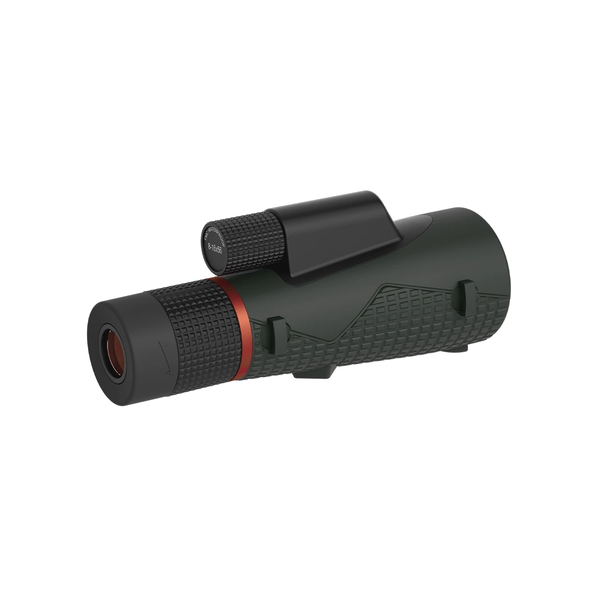 Seitliche Ansicht des Forester 8-16x56 ED Monokulars mit ergonomischem Design und rutschfester Gummiarmierung für sicheren Halt im Outdoor-Einsatz.