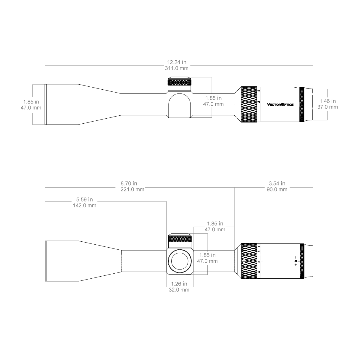 Technische Zeichnung des Matiz 3–9×40 SFP Zielfernrohrs mit genauen Abmessungen für präzise Montageplanung.