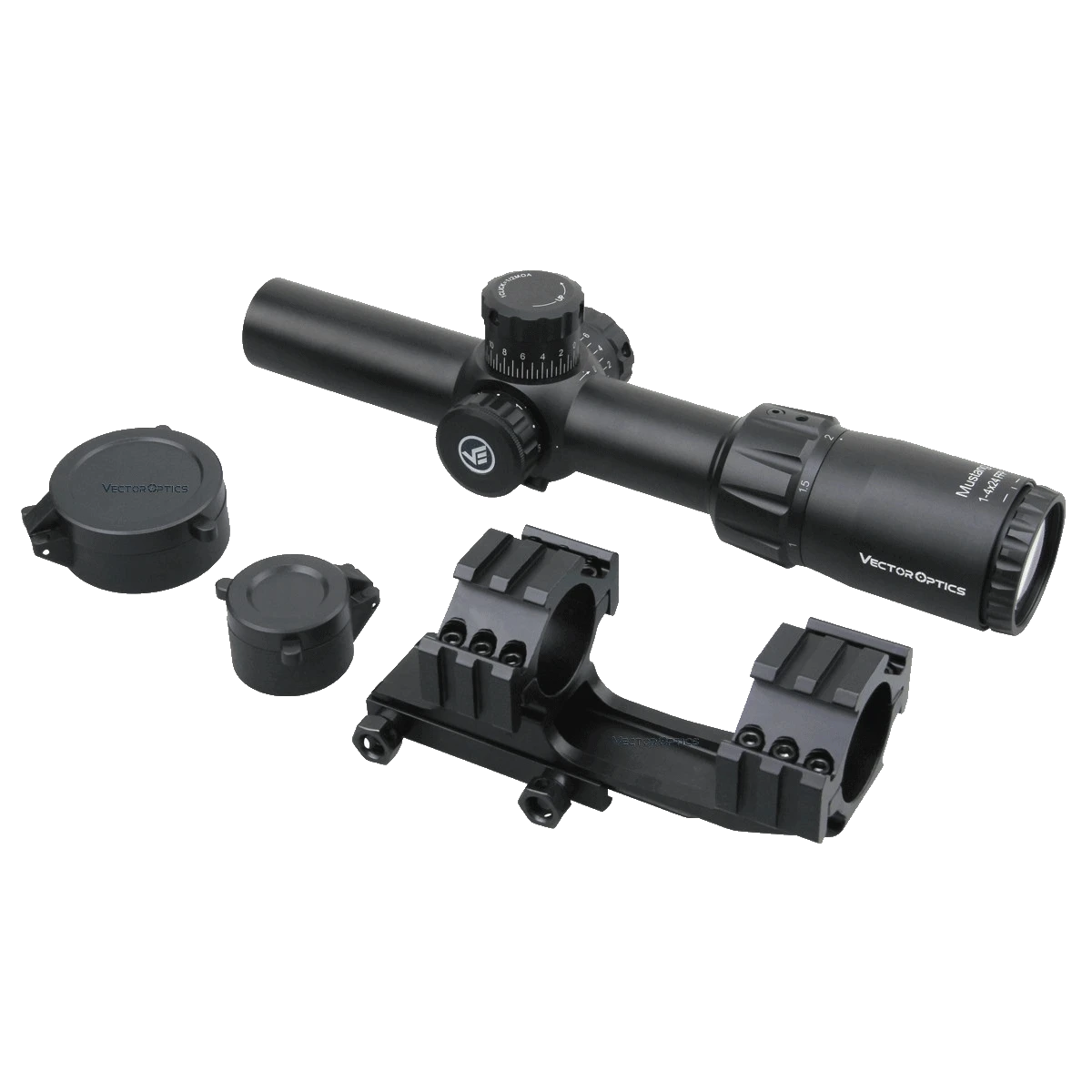Vector Optics Mustang 1-4x24 FFP Zielfernrohr mit Zubehör wie Flip-Caps und Montagehalterung, ideal für taktische Schützen und Jäger.