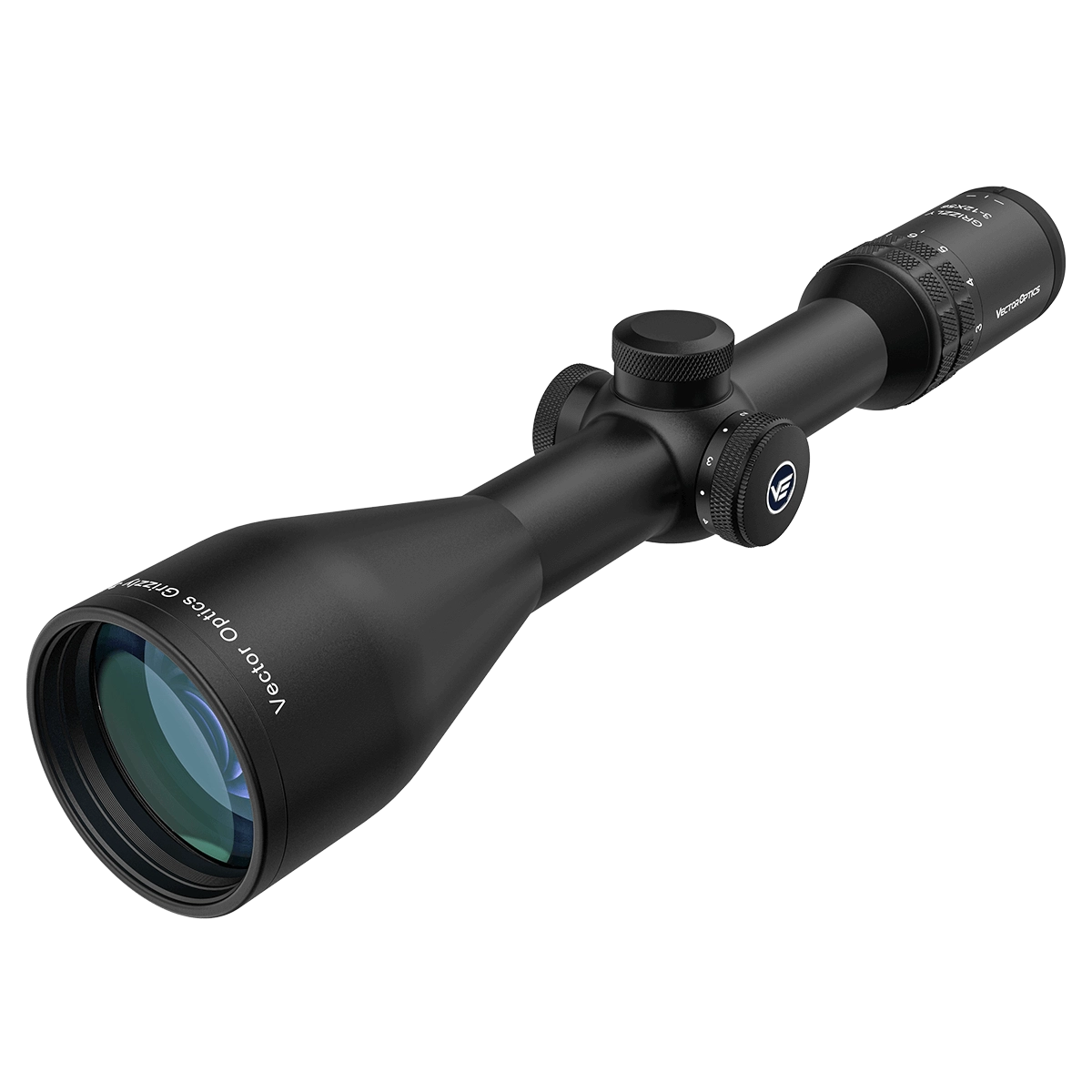 Seitliche Perspektive des Grizzly Pro 3–12×56i SFP Zielfernrohrs mit robustem Gehäuse und mehrfachvergüteter Optik für präzises Zielen bei schlechten Lichtverhältnissen.