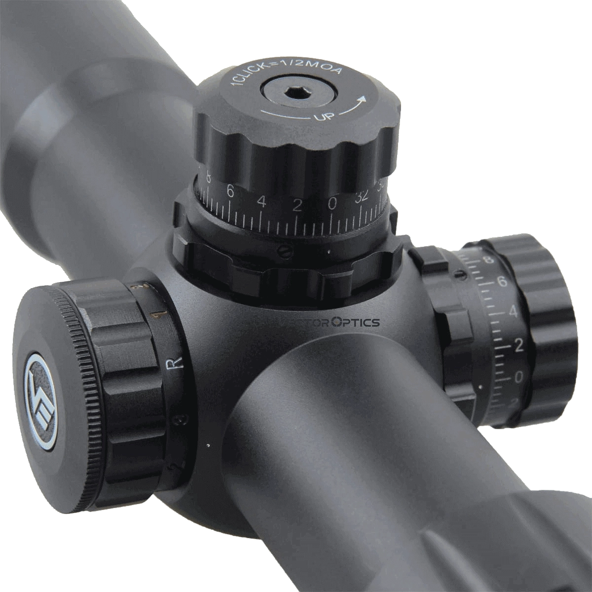 Detailansicht der Verstelltürme des Mustang 1-4×30 SFP Zielfernrohrs mit 1/2 MOA Klickverstellung für präzise Justierung.