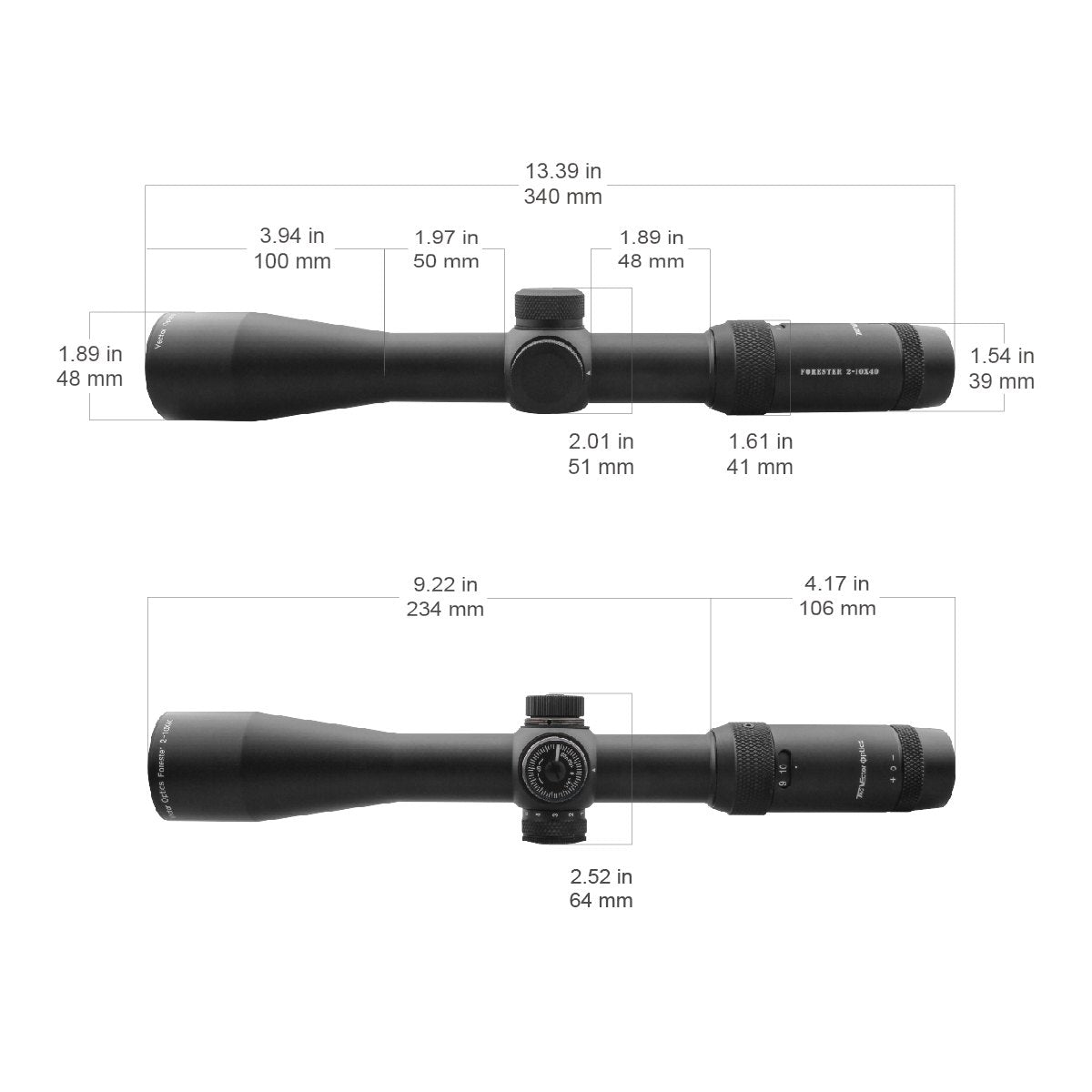 Technische Zeichnung des Forester 2–10×40 SFP Zielfernrohrs mit genauen Abmessungen für Montage und Kompatibilität mit Waffenoptiken.