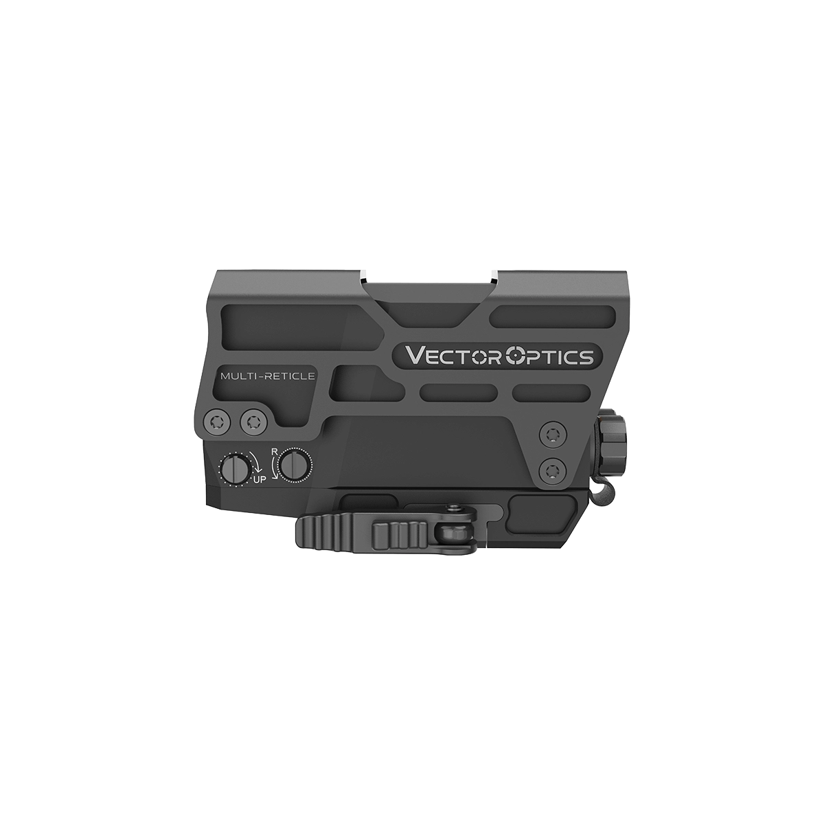 Seitenprofil des Vector Optics Frenzy Plus 1×31×26 mit klarer Multi-Reticle-Markierung. Kompakt und widerstandsfähig.