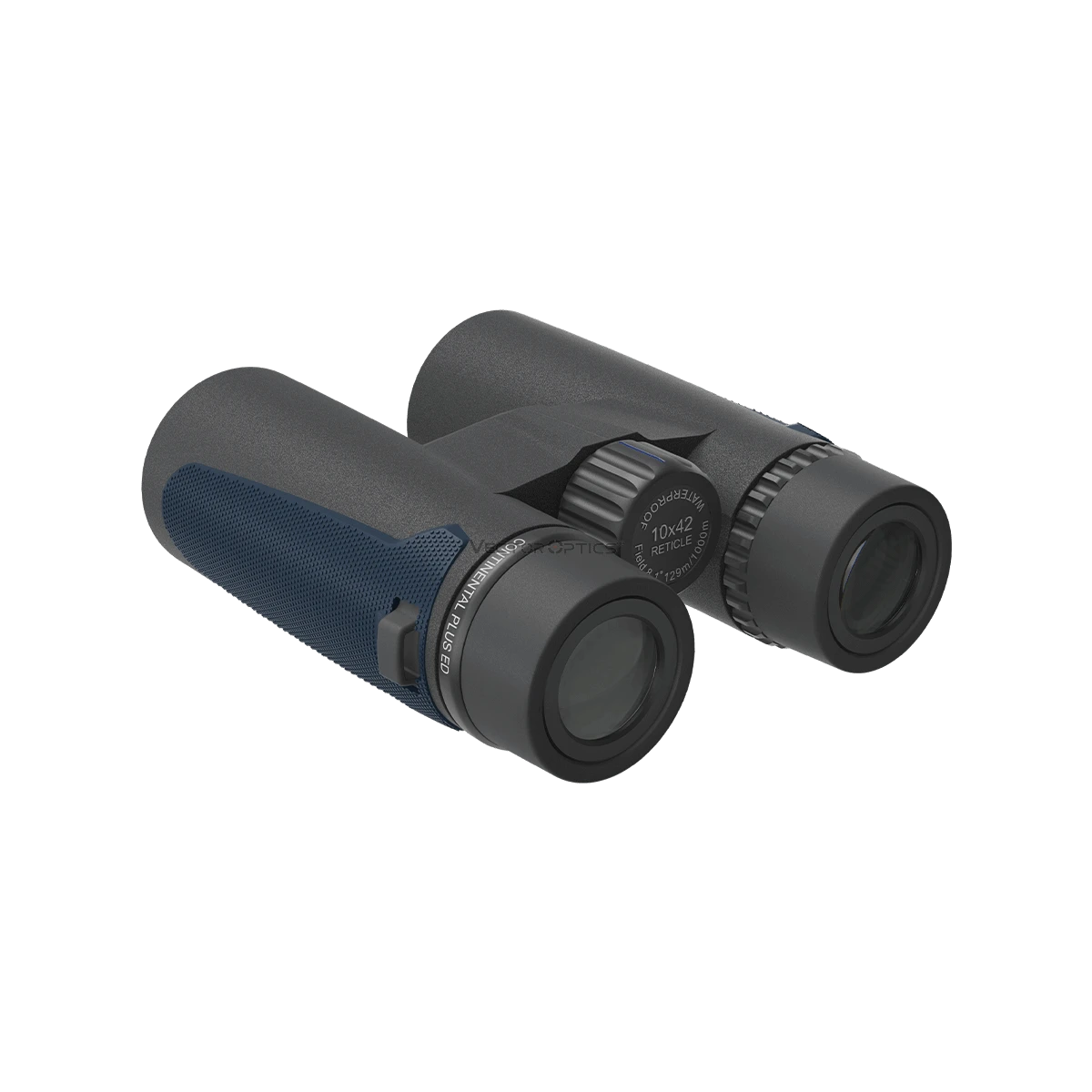 Detailansicht des Continental Plus 10x42 ED Fernglases von Vector Optics mit präzisem Fokussierrad und ED-Optik für gestochen scharfe Bilder.