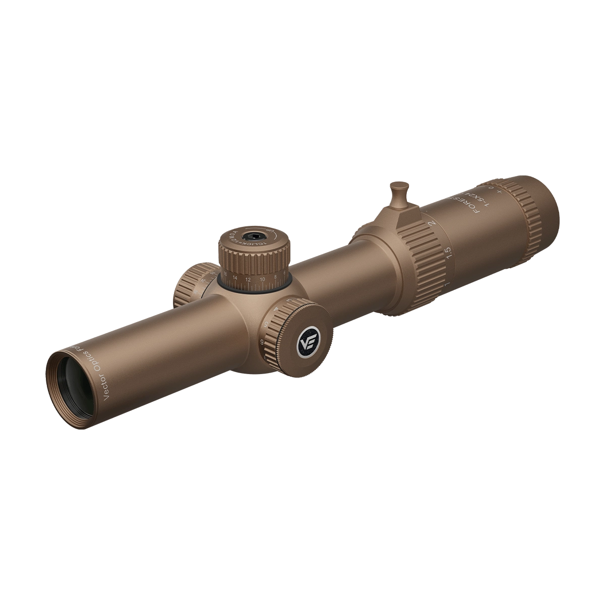 Forester 1–5×24 SFP Zielfernrohr in Flat Dark Earth Farbe, ideal für taktische Anwendungen und Jagd in Tarnumgebungen.