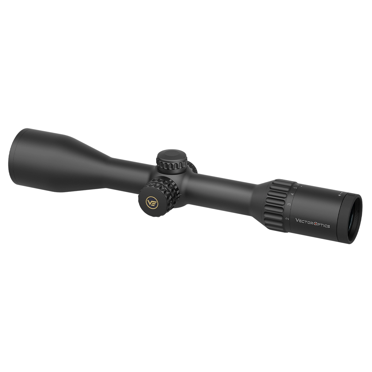 Perspektivische Ansicht des Zielfernrohrs Continental x8 2-16x50 SFP von Vector Optics mit mattschwarzem Finish für blendfreies Zielen.