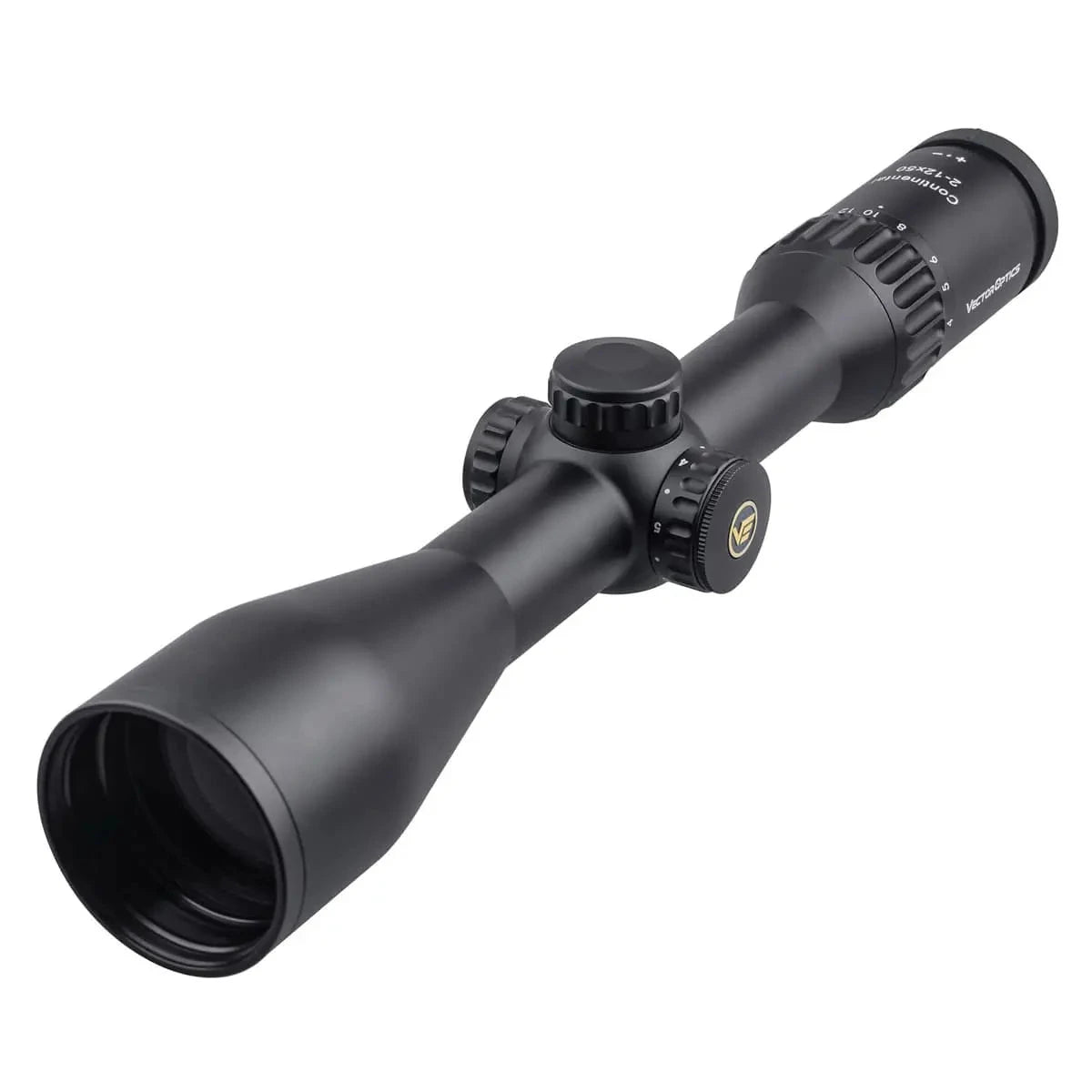 Beleuchtetes Continental X6 2–12×50 Zielfernrohr mit großem Objektiv und taktischen Verstelltürmen für präzise Zielerfassung bei der Jagd.