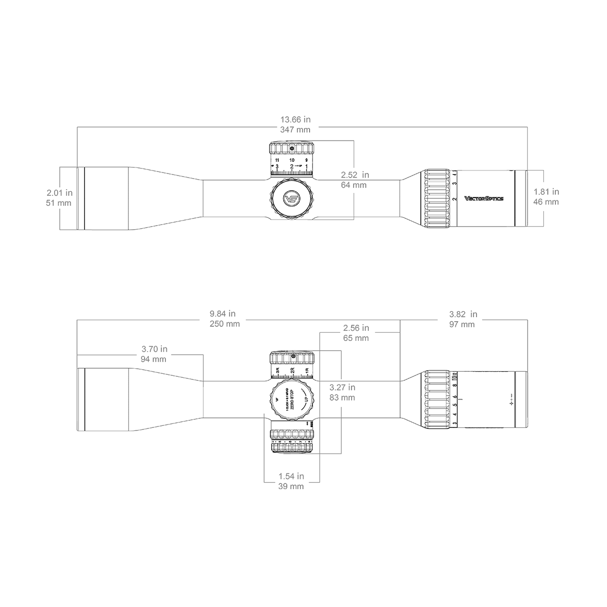 Technische Zeichnung des Continental X8 2–16x44 ED SFP mit genauen Abmessungen für Montage und Kompatibilität mit Montagesystemen.