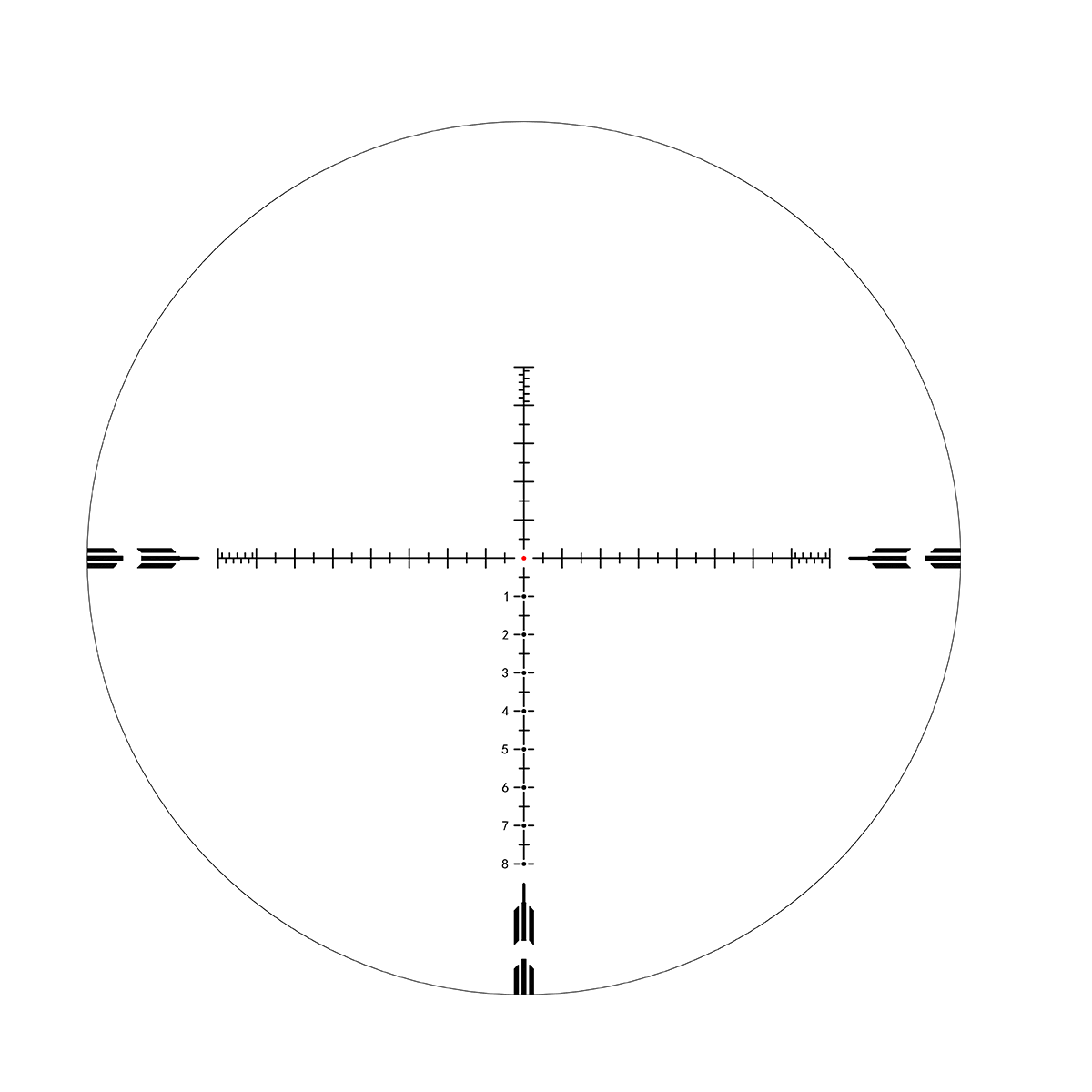 VOR-7 MIL-Absehen des Orion Pro Max 4-16x44 Zielfernrohrs mit feiner Skala für präzise Zielerfassung und Entfernungsmessung im SFP-Design.