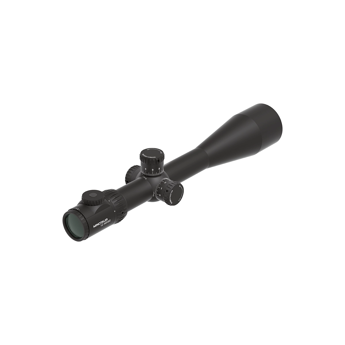 Rückansicht des Minotaur 12-60x60 GenII SFP Zielfernrohrs mit detaillierter Darstellung der Okular- und Turmkonfiguration.
