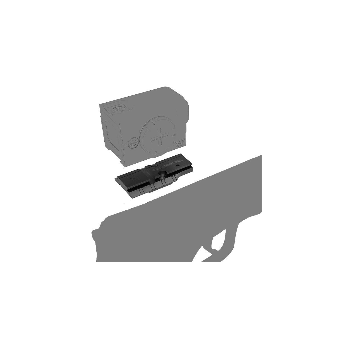 Montage VOD ACRO auf CZ Shadow mit Red Dot und Pistole – präzise CNC-gefertigter Adapter für taktische Zieloptiken.