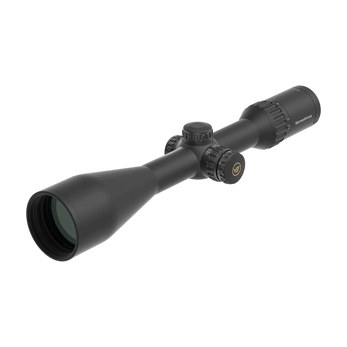 Seitliche Perspektive des Continental x6 2.5-15x56 SFP Zielfernrohrs mit taktischen Türmen. Hochwertige Optik für präzise Schüsse bei schwachem Licht.