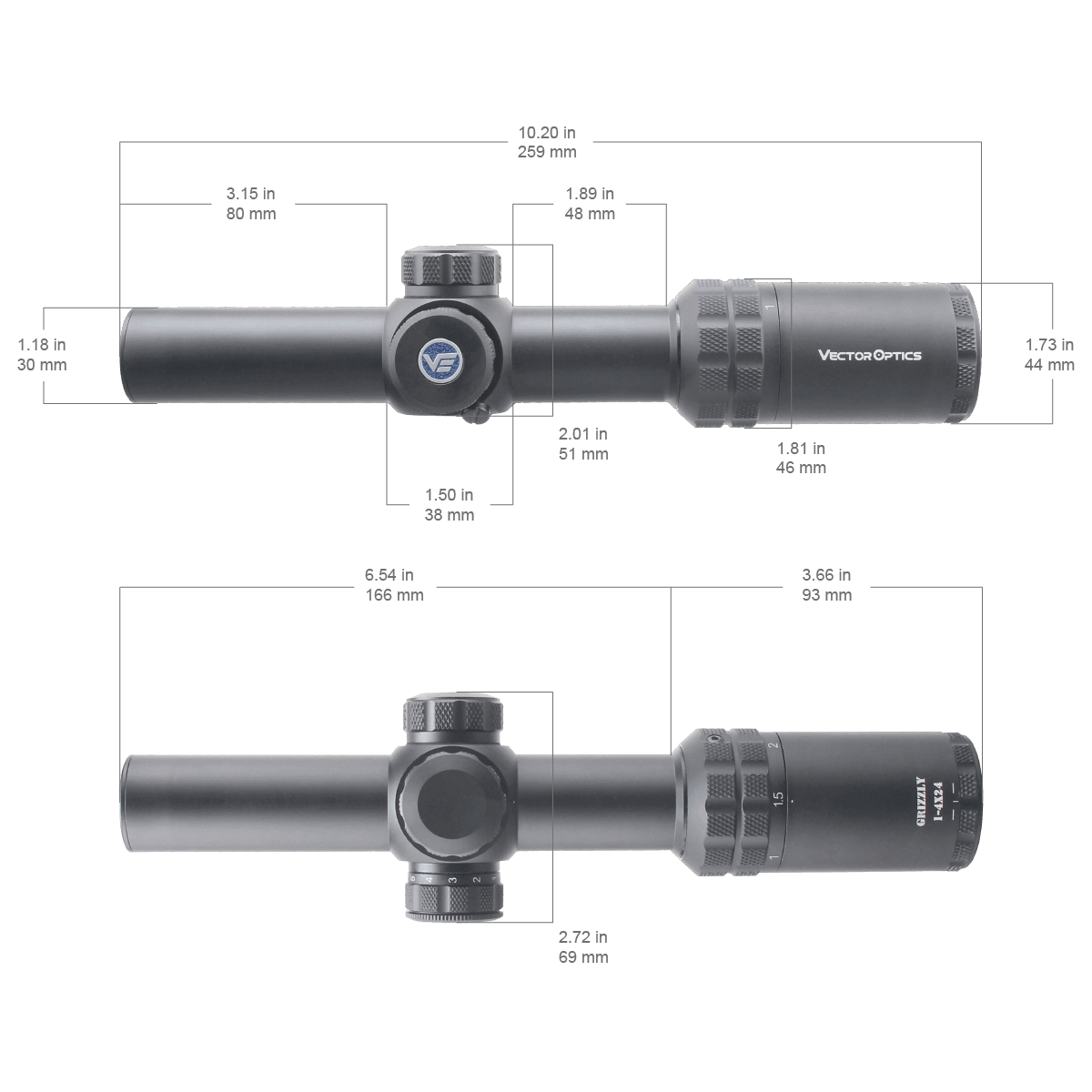Technische Zeichnung des Grizzly 1–4×24 Zielfernrohrs mit detaillierten Abmessungen für präzise Montageplanung.