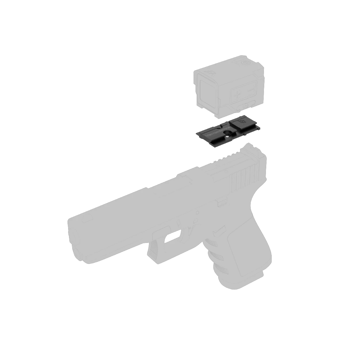 Explosionszeichnung der Montage VOD Glock MOS mit Red Dot Adapter, zeigt präzise Passform auf Glock MOS Schlitten.