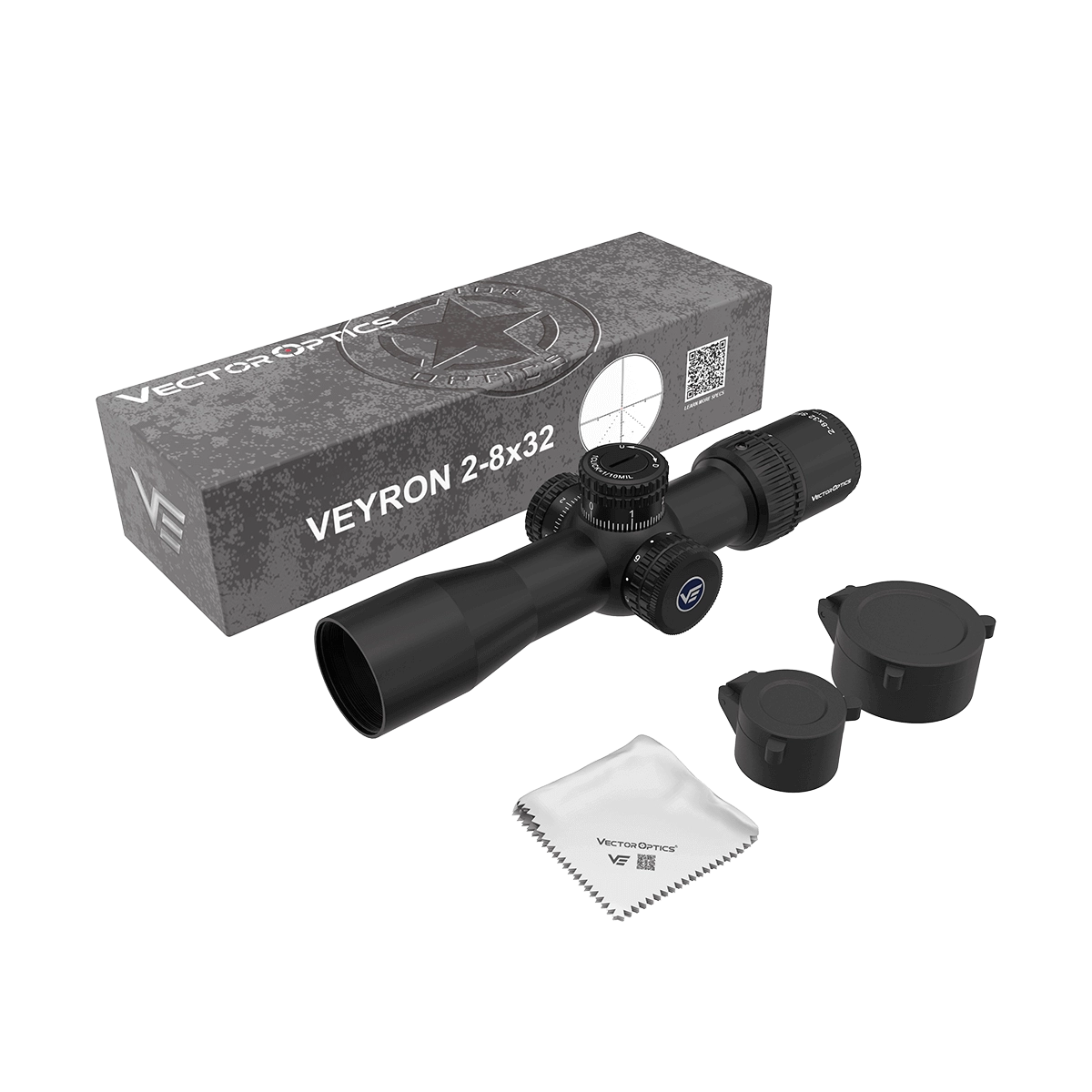 Veyron 2–8×32 IR Zielfernrohr im Lieferumfang mit Schutzkappen, Reinigungstuch und Originalverpackung. Kompaktes SFP für präzise Zieloptik.