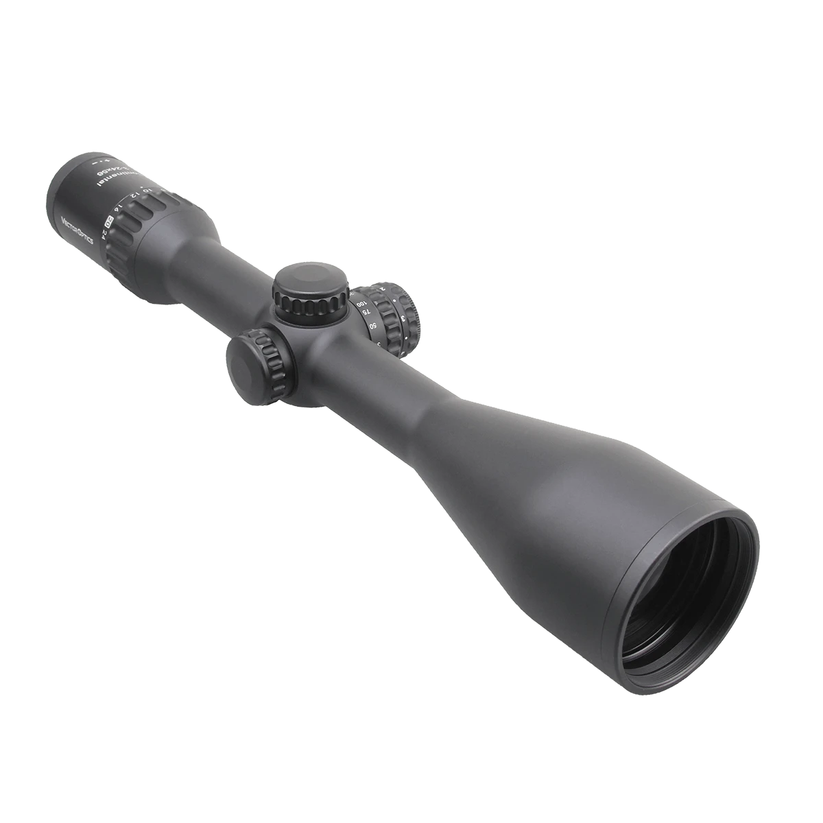 Schrägansicht des Vector Optics Continental x8 3-24x56 SFP mit robustem Gehäuse und fein einstellbaren Türmen für präzises Anvisieren.
