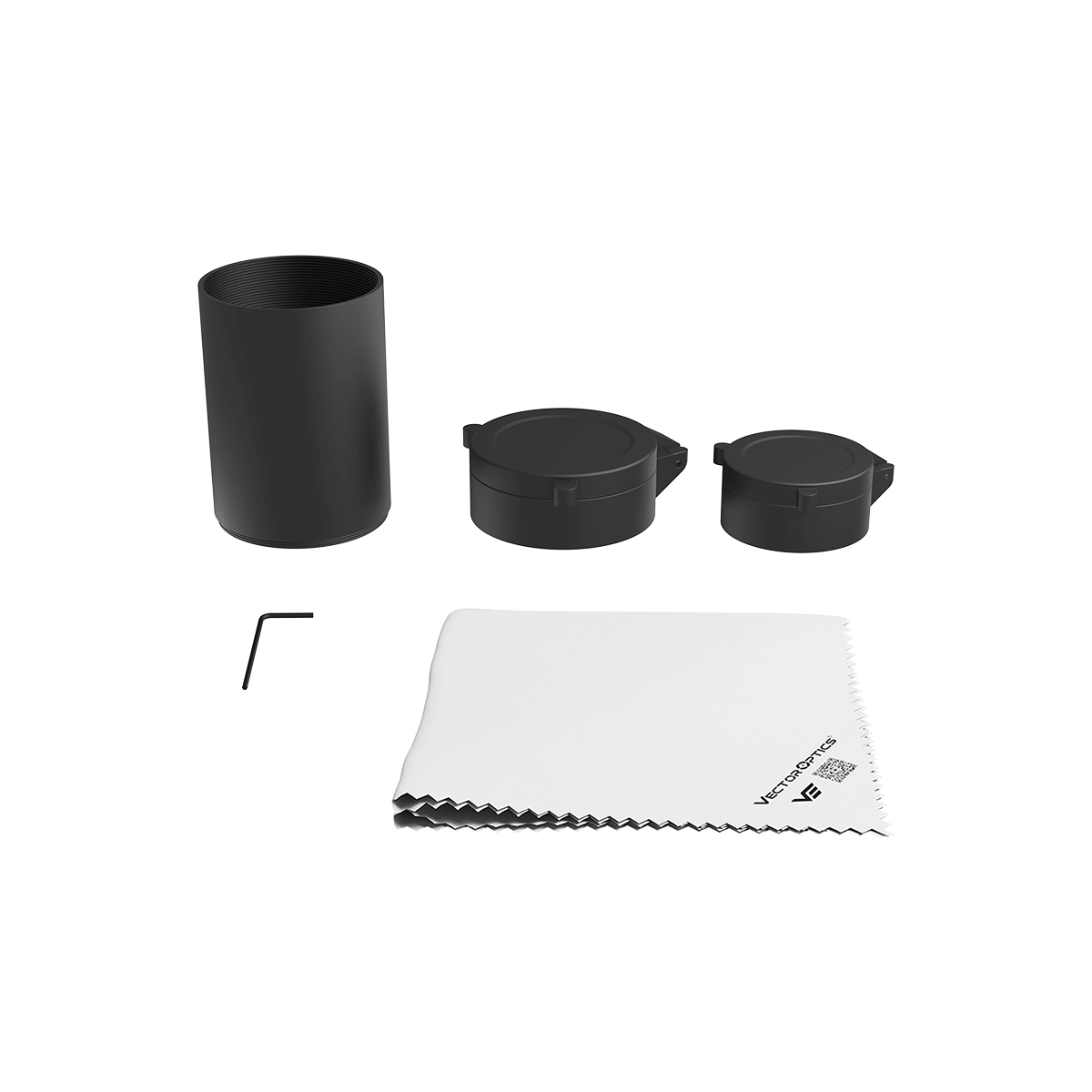 Zubehörset für Hugo 6-24x50GT SFP Zielfernrohr inklusive Sonnenblende, Flip-Caps, Reinigungstuch und Inbusschlüssel für Montage und Pflege.