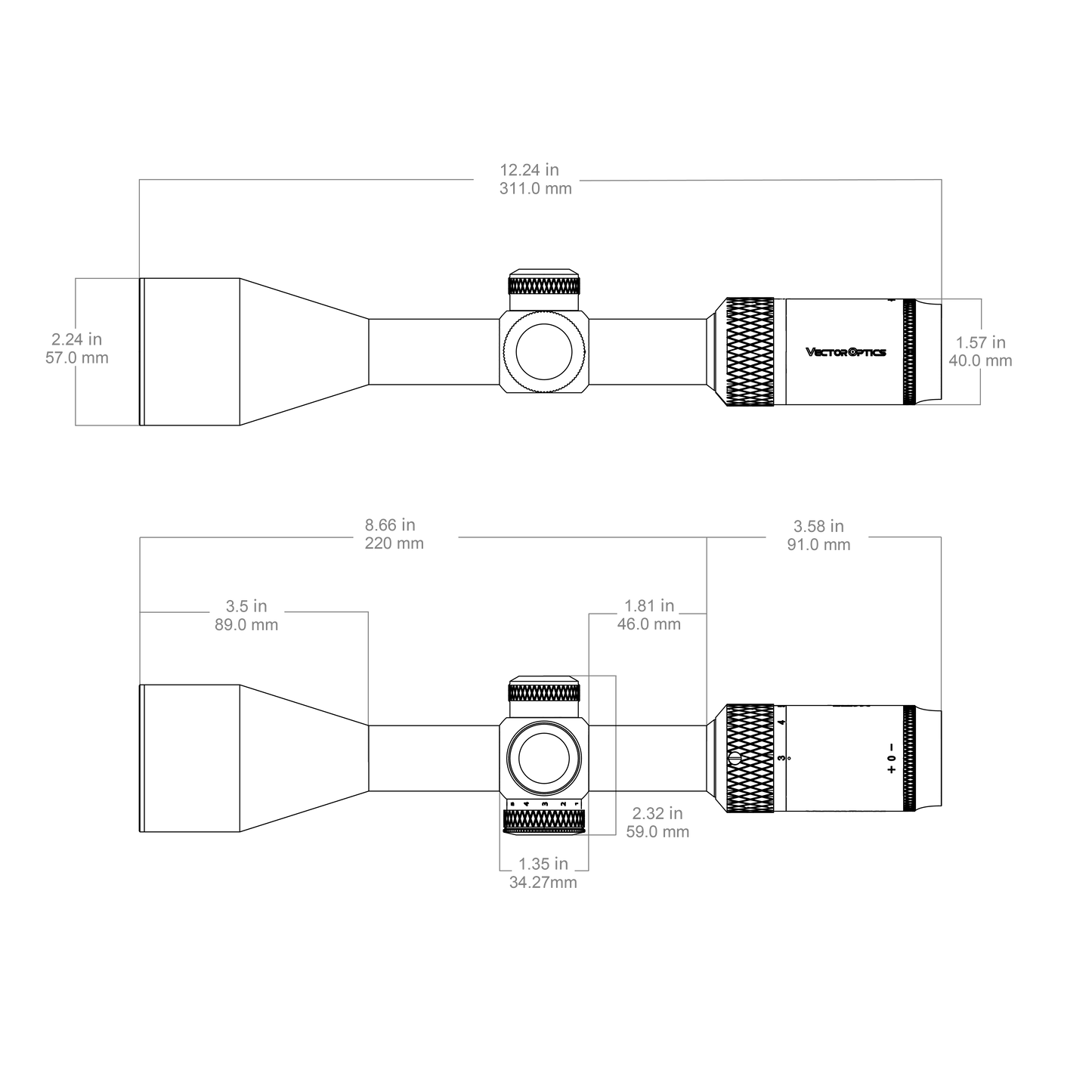 Technische Zeichnung des Matiz 3–9x50 SFP (SCOM-28) mit detaillierten Abmessungen für optimale Montage auf Jagd- und Sportwaffen.