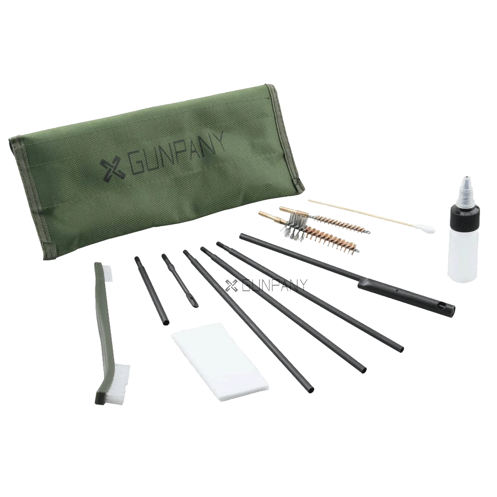 AR15 Feldreinigungsset - AR15 Reinigungsset | 12-teilig mit Bürsten, Reinigungsstäbchen und leerer Ölflasche in robuster grüner Tasche.