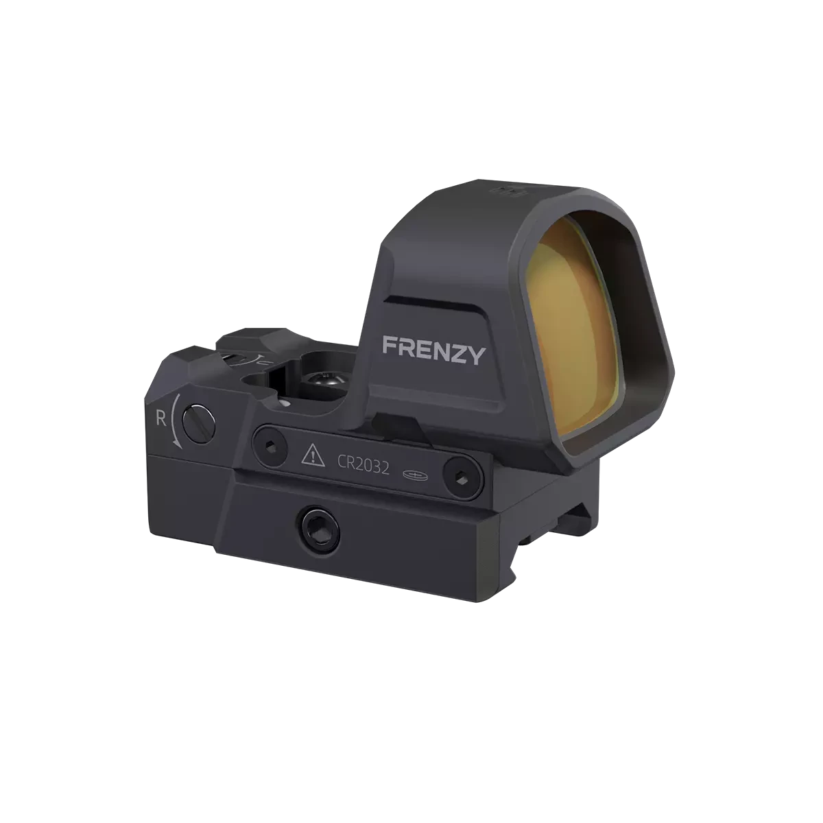 Seitliche Ansicht des Frenzy 1x26x32 6MOA (SCRD-79) von Vector Optics mit Batteriefach und Bedienelementen für Waffenmontage.