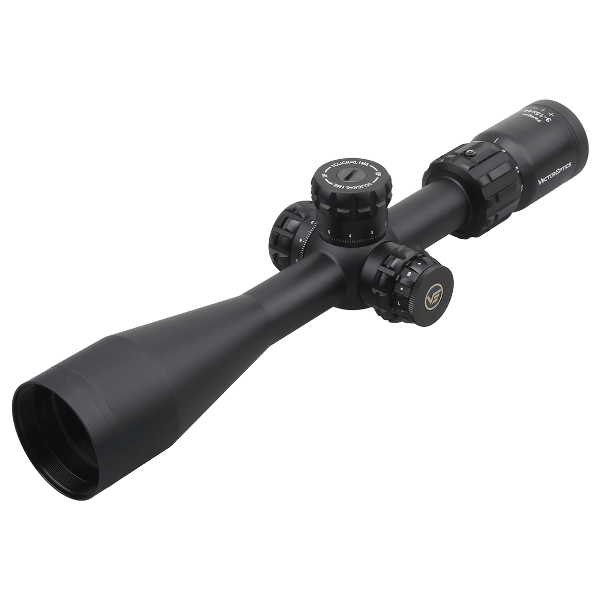 Seitliche Perspektive des Paragon 3-15x44 Zielfernrohrs mit Zero-Stop-Funktion und German #4-Absehen für präzise Zielerfassung.