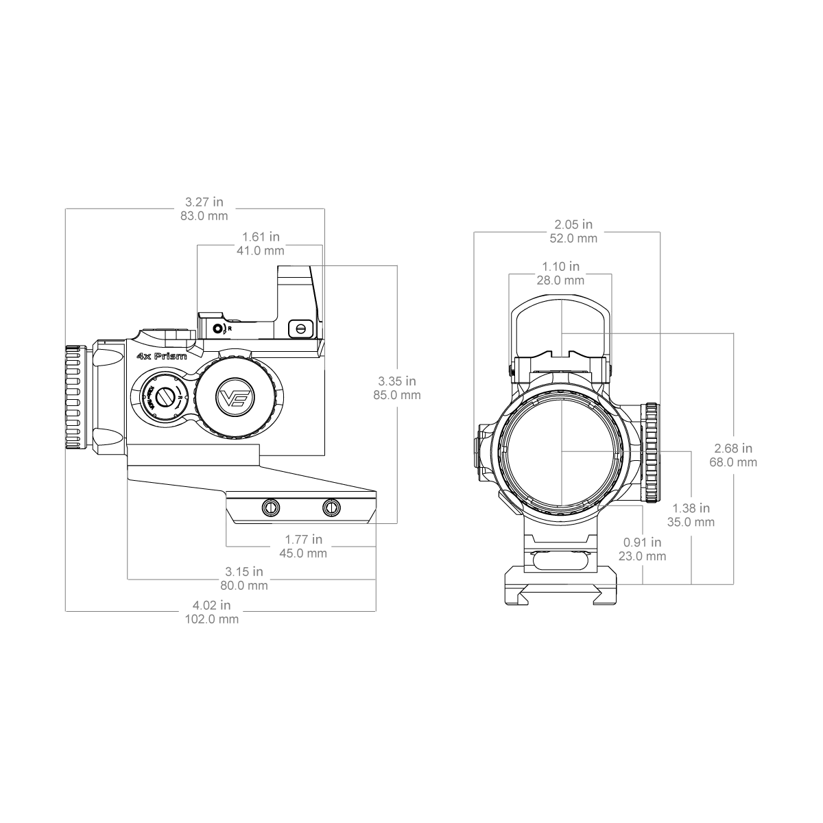 Technische Zeichnung des Vector Optics 4x24 Prismenvisiers mit Abmessungen und Montagepunkten, geeignet für präzise Waffenanpassung.